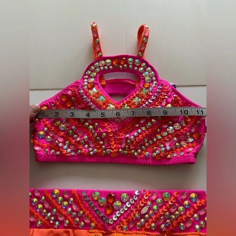 Glamour dance solo costume neon orange fringe rhinestone 2 piece LC-large child